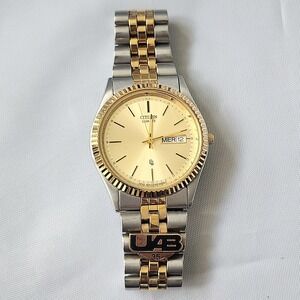 Citizen Quartz Two Tone Gold Silver Dial Day Date Men's Watch UAB 35 Anniversary